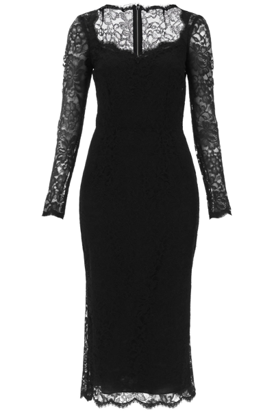 Shop Dolce & Gabbana Midi Dress In Floral Chantilly Lace In Nero (black)