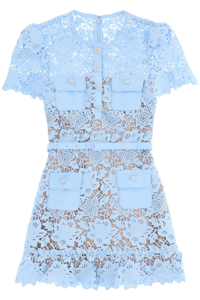 Shop Self-portrait Lace Mini Dress With Diamanté Buttons In Blue (light Blue)