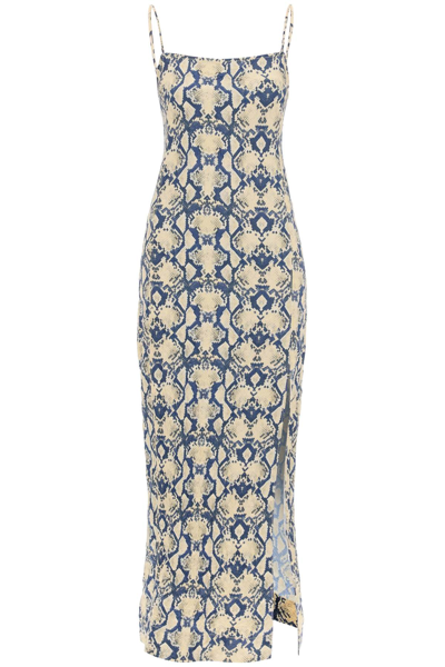 Shop Ganni Slip Dress In Snake Printed Crinkled Satin In Safari (blue)