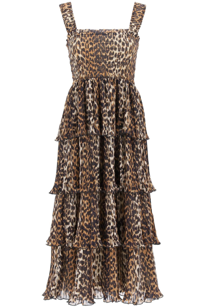 Shop Ganni Pleated Long Dress With Leopard Motif In Almond Milk (beige)