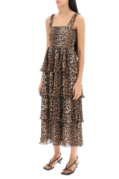 Shop Ganni Pleated Long Dress With Leopard Motif In Almond Milk (beige)