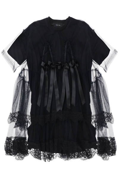 Shop Simone Rocha Midi Dress In Mesh With Lace And Bows In Black (black)