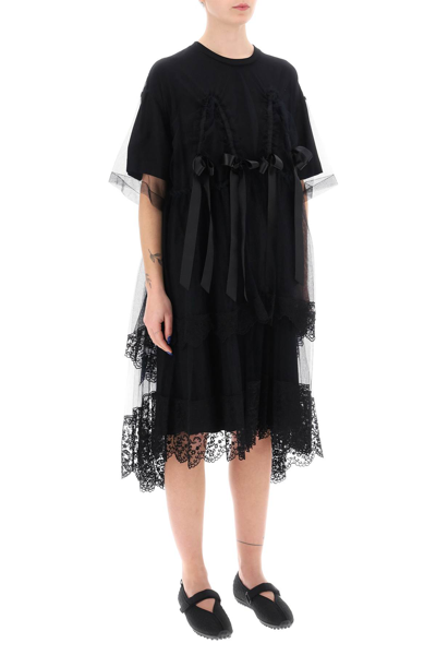 Shop Simone Rocha Midi Dress In Mesh With Lace And Bows In Black (black)