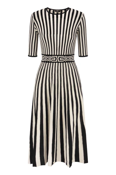 Shop Elisabetta Franchi Midi Dress With Two-tone Pleated Skirt In Black/butter