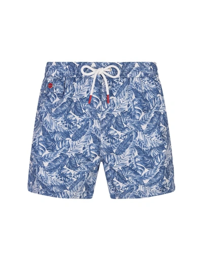 Shop Kiton White Swim Shorts With Foliage Print In Blue
