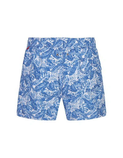 Shop Kiton White Swim Shorts With Light Foliage Print In Blue