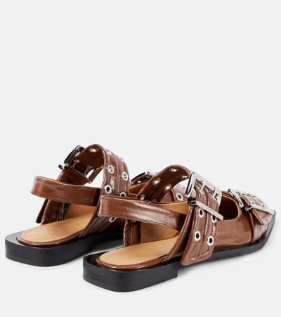 Shop Ganni Faux Leather Slingback Flats In Brown