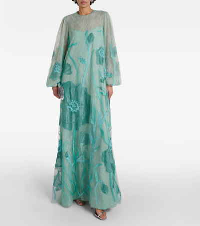 Costarellos Yesenia Embroidered Tulle Gown In Blue