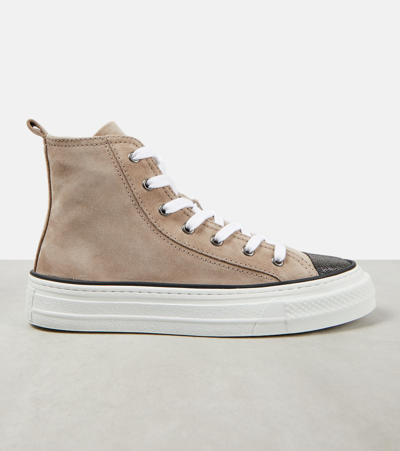 Brunello Cucinelli Monili-embellished High-top Suede Sneakers In Brown Rosato