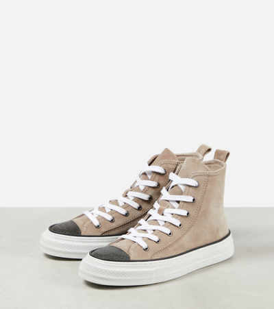 Brunello Cucinelli Monili-embellished High-top Suede Sneakers In Brown Rosato