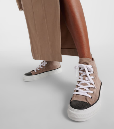 Shop Brunello Cucinelli Monili-embellished High-top Suede Sneakers In Brown Rosato