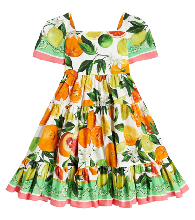 Shop Dolce & Gabbana Printed Tiered Cotton Poplin Dress In Arance&limoni Verde