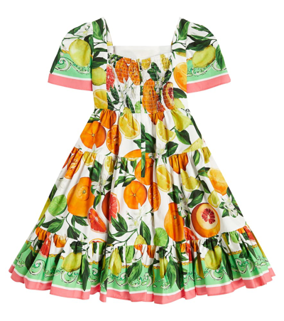 Shop Dolce & Gabbana Printed Tiered Cotton Poplin Dress In Arance&limoni Verde