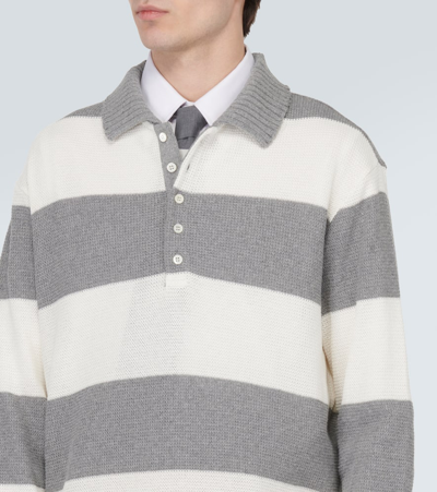 Shop Thom Browne Striped Cotton Piqué Polo Sweater In Lt Grey