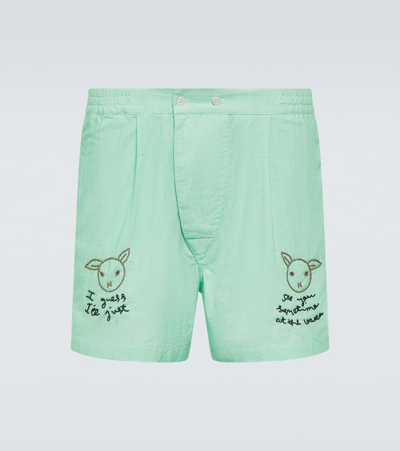 Shop Bode See You At The Barn Cotton Shorts In White Green