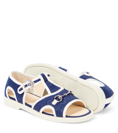 Shop Gucci Horsebit Leather-trimmed Sandals In Panna/navy/mys.white