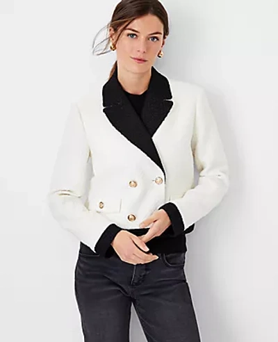 Shop Ann Taylor The Petite Blocked Cropped Double Breasted Blazer In Tweed In Winter White