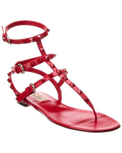 Shop Valentino Rockstud Caged Leather Ankle Strap Sandal In Red