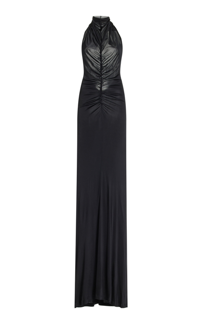 Shop Atlein Ruched Jersey Halter Gown In Black