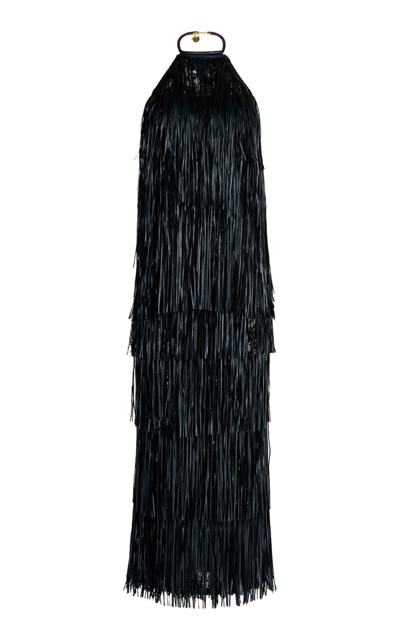 Shop Silvia Tcherassi Susa Fringed Maxi Halter Dress In Black