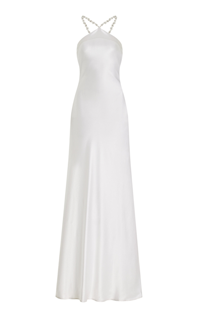 Shop Staud Exclusive Cadence Pearl-embellished Satin Maxi Slip Dress In White