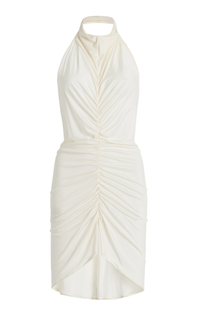 Shop Atlein Ruched Jersey Halter Mini Dress In White