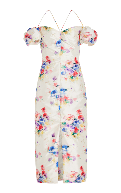 Shop Markarian Palma Beaded Off-the-shoulder Floral Satin Midi Dress In Multi
