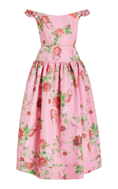 Shop Markarian Giorgia Off-the-shoulder Floral Ikat Midi Dress In Pink