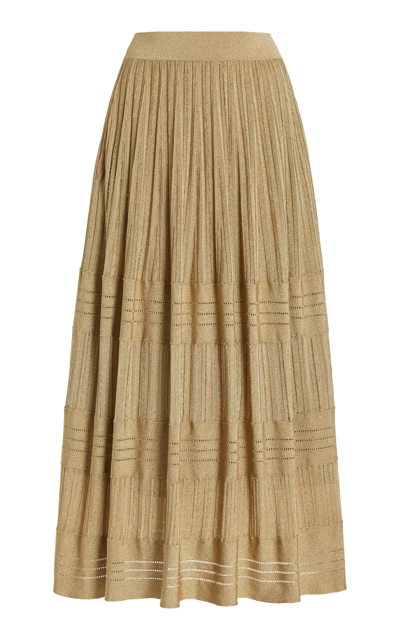Shop Adam Lippes Tiered Metallic Knit Maxi Skirt In Gold
