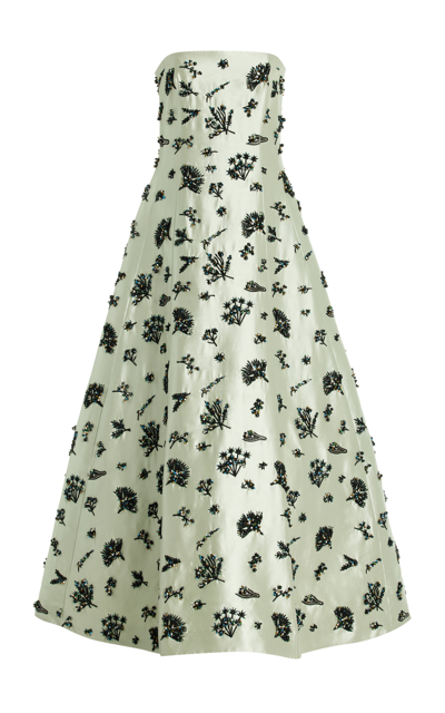 Shop Adam Lippes Embroidered Silk Strapless Gown In Green