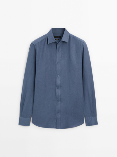 Shop Massimo Dutti 100% Linen Regular Fit Shirt In Dark Blue