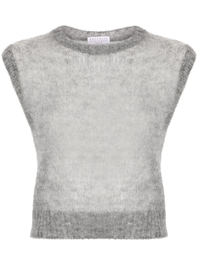 Shop Brunello Cucinelli Mohair And Wool Sweater With Monili In Gray