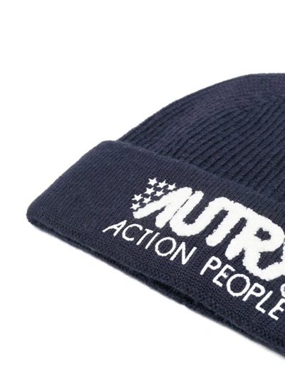 Shop Autry Navy Blue Embroidered-logo Knitted Beanie In Black