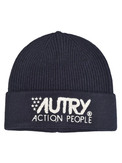 Shop Autry Navy Blue Embroidered-logo Knitted Beanie In Black