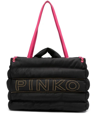 Shop Pinko Jet Black Logo-embellished Quilted Tote Bag
