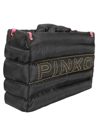 Shop Pinko Jet Black Logo-embellished Quilted Tote Bag