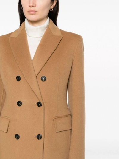 Shop Pinko Camel Brown Double-breasted Wool Coat In Neutrals