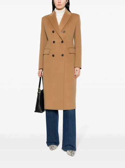 Shop Pinko Camel Brown Double-breasted Wool Coat In Neutrals