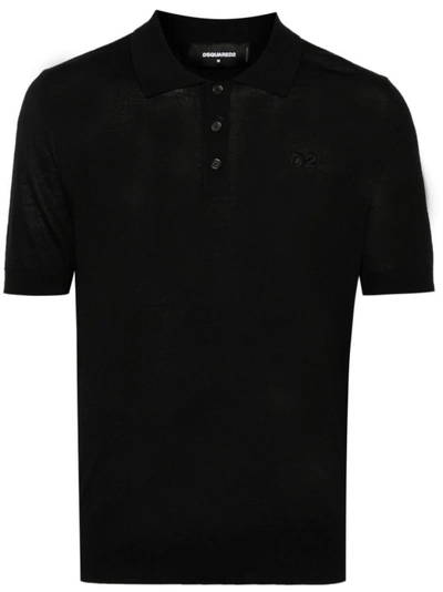 Shop Dsquared2 Ribbed Knit Embroidered Logo Polo Shirt In Black