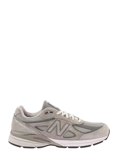Shop New Balance '990' Grey Low Top Sneakers With Logo Detail In Leather And Suede Woman