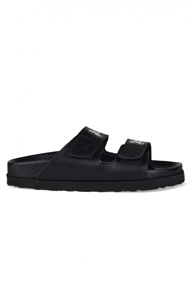 Palm Angels Slides With Logo And Touch Strap In Black Leather Woman