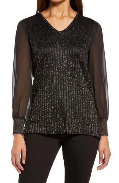 Ming Wang Sheer Sleeve Shimmer Knit Tunic In Black/gold