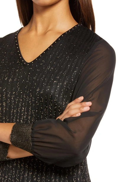 Ming Wang Sheer Sleeve Shimmer Knit Tunic In Black/gold