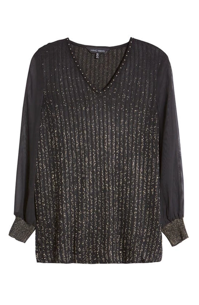 Ming Wang Sheer Sleeve Shimmer Knit Tunic In Black/gold