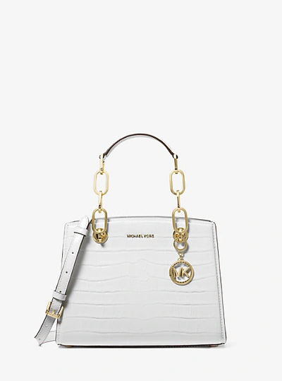 Shop Michael Kors Cynthia Small Crocodile Embossed Leather Satchel In White