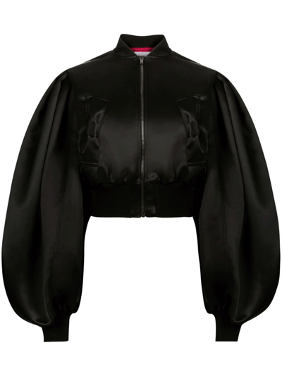 Shop Nina Ricci Black Cropped Satin Bomber Jacket