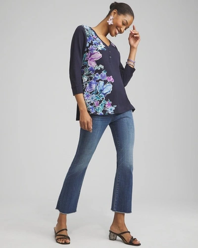 Shop Chico's Floral Henley Side Slit Tunic Top In Navy Blue Size 8/10 |