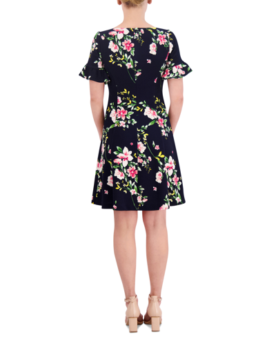 Shop Jessica Howard Petite Printed Ruffle-sleeve Fit & Flare Dress In Navy,pink