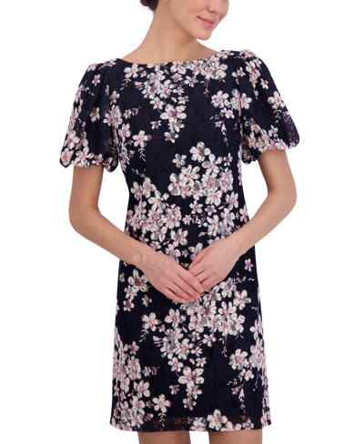 Shop Jessica Howard Petite Printed Puff-sleeve Lace Sheath Dress In Navy,pink