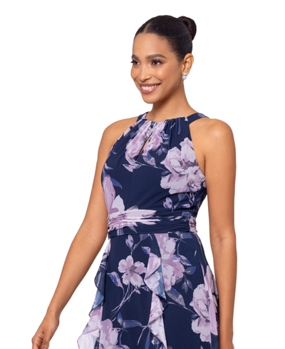 Shop Xscape Women's Floral Chiffon Halter-neck Gown In Navy,mauve